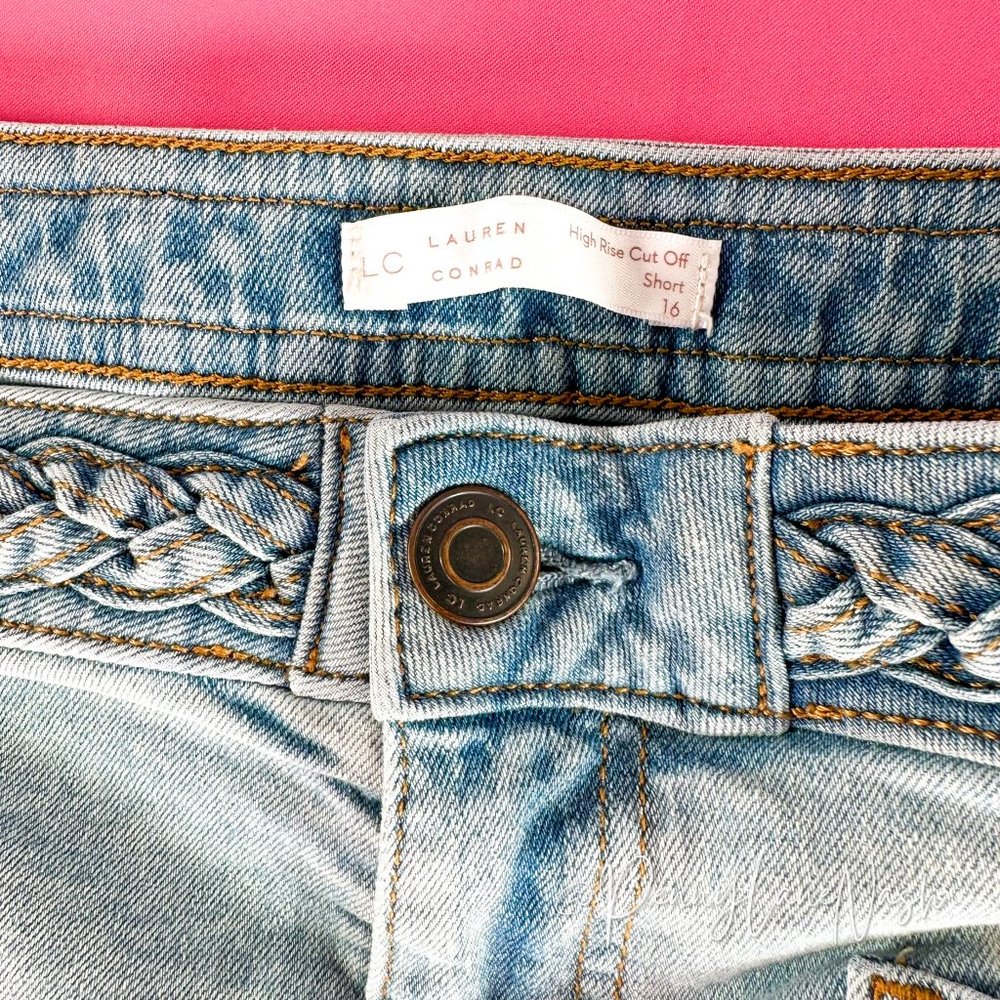 LC Lauren Conrad Crystal Braided High Waist Cut Off Denim Shorts - Picture 7 of 12